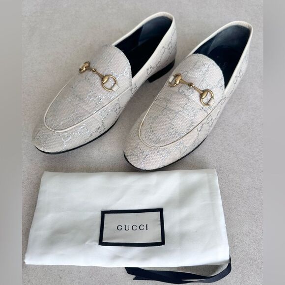 Gucci Jordaan GG Canvas Lame Monogram Loafer Flat in Gardenia Silver EU 39 US 9 - Picture 1 of 13